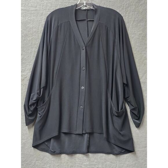Sympli Women's Asymmetric Long Sleeve Front Pocket Stretch V Neck Black Tunic 8 - Picture 1 of 1